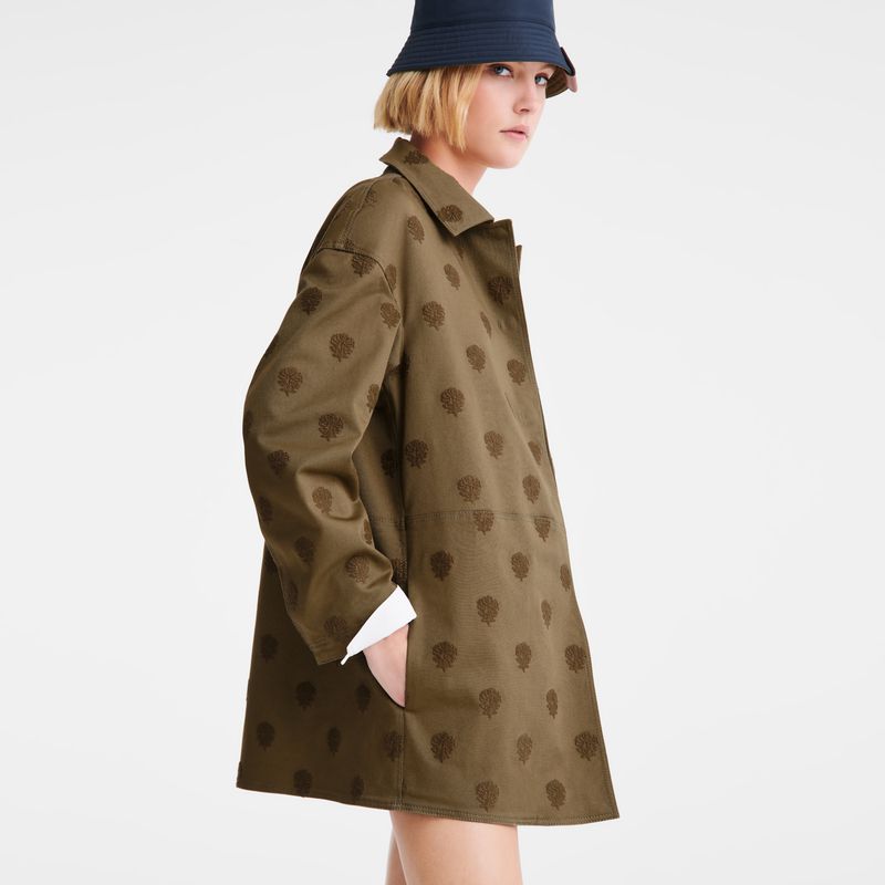 Longchamp Embroidered Gabardine Mantel Damen Olivgrün | Deutschland-386YFCATQ