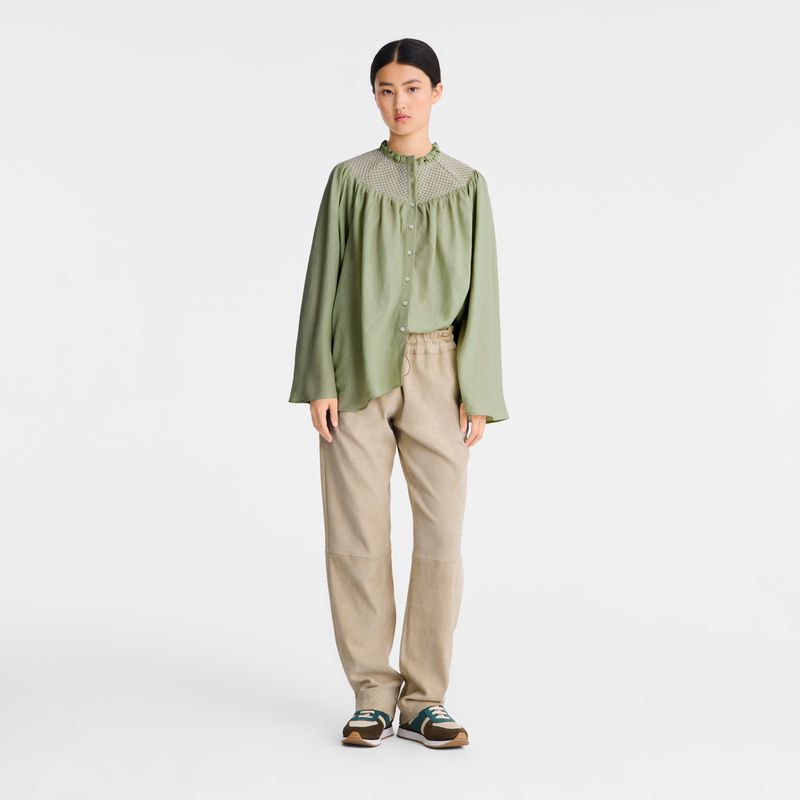 Longchamp Smocked Veil Bluse Damen Grün | Deutschland-017CMJKIN