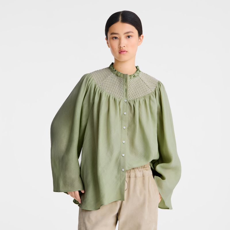 Longchamp Smocked Veil Bluse Damen Grün | Deutschland-017CMJKIN